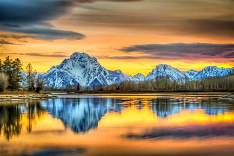 Landscape River Reflection Wyoming Water Mountains Nature Grass Snowy Peak Clouds