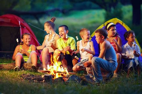 A Group Of Kids Sitting Around The Campfire Roasting Marshmallows On A