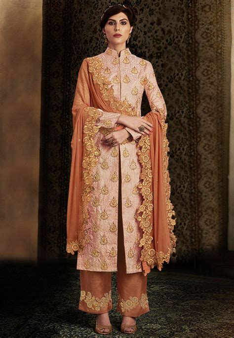 Embroidered Brocade Silk Pakistani Suit In Peach Kch1322