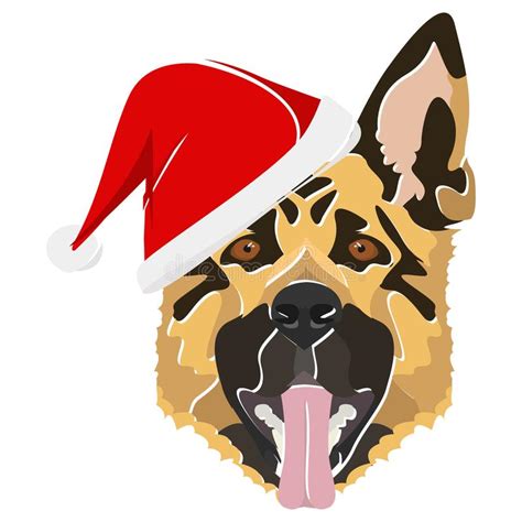 Illustration German Shepherd With Red Christmas Hat Stock Vector