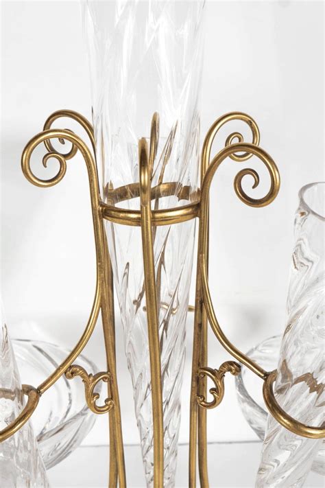 French Art Deco Hand Blown Crystal And Brass Scroll Form Design Epergne
