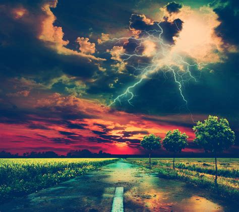 Landscape Road Lightning Storm Wallpapers Hd Desktop