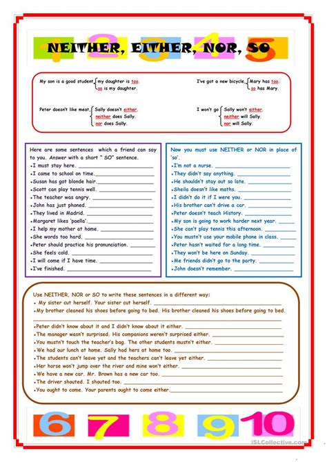 NEITHER, EITHER, NOR, SO worksheet - Free ESL printable worksheets made