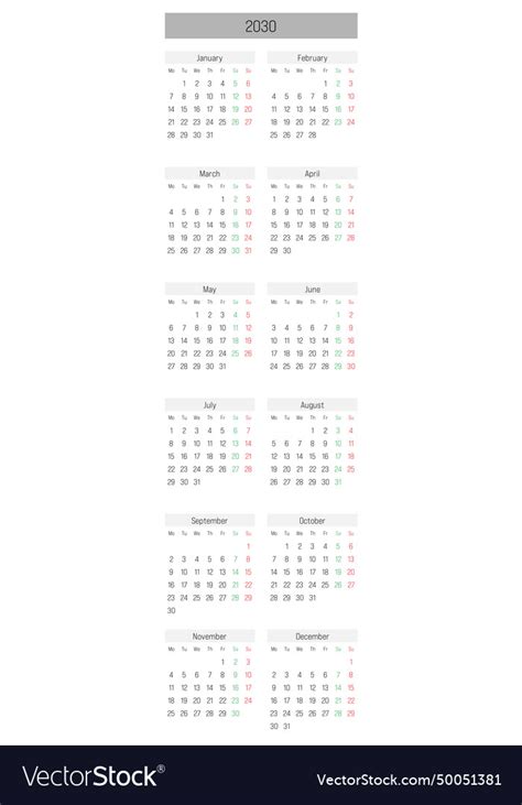 Monthly Calendar Annual Of Year 2030 Royalty Free Vector