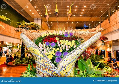 Large Flower Decoration At Singapore Changi Airport Editorial Stock