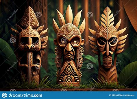 Ethnic Wooden Idols Totems Of Indians Tiki Mask In Forest Stock