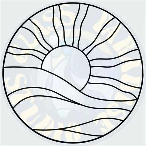 A Circular Stained Glass Window With The Sun In Its Center And Water Waves