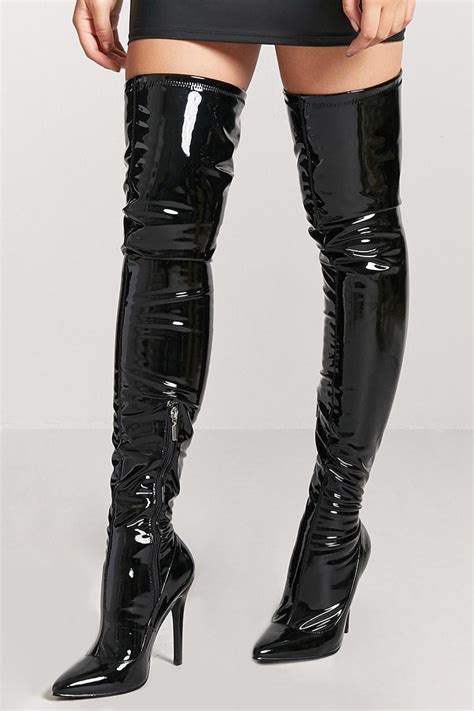 Forever Faux Patent Leather Thigh High Boots In Black Lyst Free Download Nude Photo Gallery