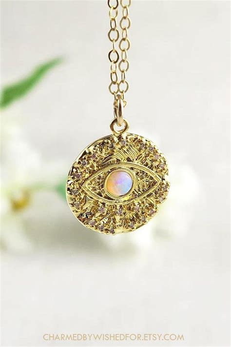 Evil Eye Opal Coin Necklace Gold Evil Eye Medallion Pendant Etsy