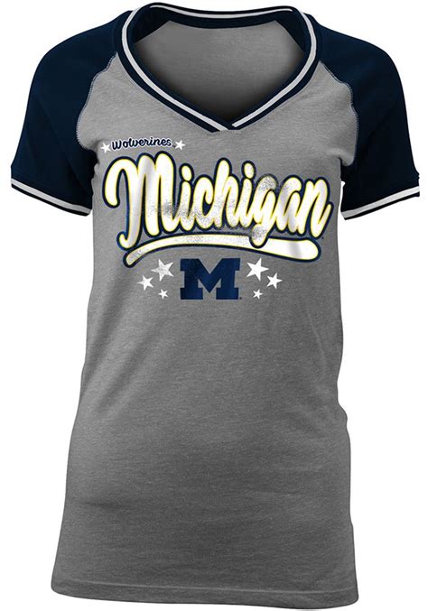 Michigan Wolverines Womens Grey Vintage Raglan V Neck T Shirt