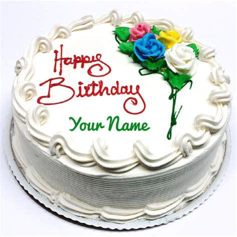 Pretty Vanilla Round Shape Birthday Cake With Your Name