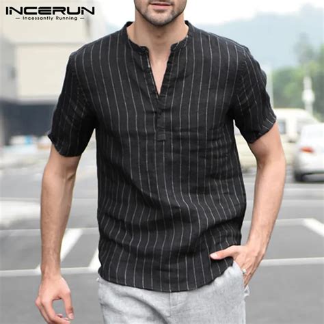 Mens Striped Short Sleeve Dress Shirts Summer V Neck Button Pullover Classic White Black Shirt