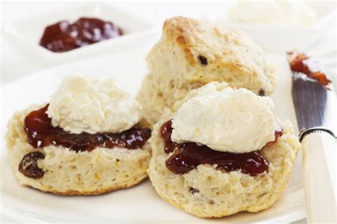 Fruit Scones With Jam And Cream Stock Image Image Of Halved Plated