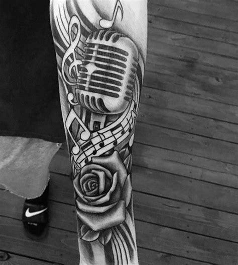 Guys Microphone Rose Flower And Music Staff Tattoo Design Ideas Forearm
