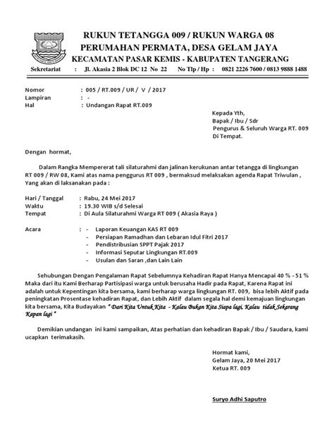 Untuk mendapatkan file contoh surat undangan rapat perusahaan yang tidak diproteksi dan bebas untuk diedit, silahkan anda kunjungi situs kami. Undangan Rapat RT SIAP PRINT ( SurYo ).docx
