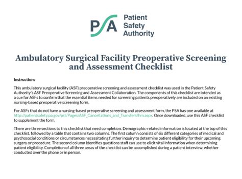 Ambulatory Surgical Facility Preoperative Screening And Assessment