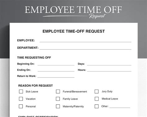 Employee Time Off Request Template Vacation Request Form Pto Etsy Australia