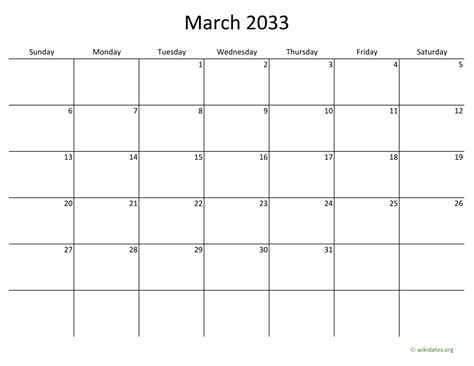 March 2033 Calendar With Bigger Boxes