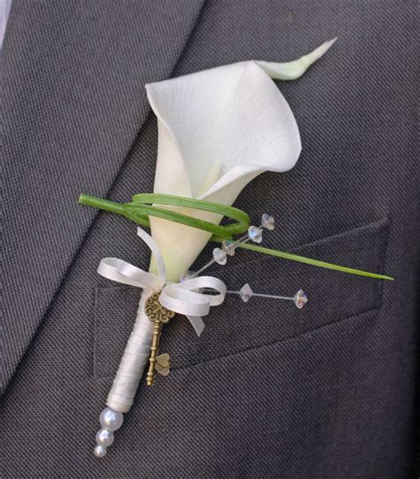 Grooms Ivory Calla Lily Crystal And Vintage Key Wedding Buttonhole