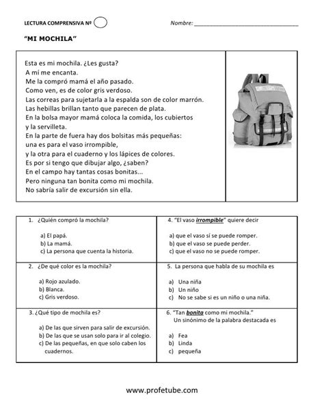 Lectura Comprensiva Mi Mochila