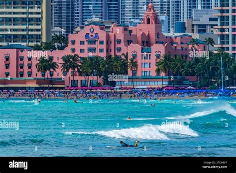 Colorful Hotels Swimmers Surfers Waikiki Beach Honolulu Hawaii Stock