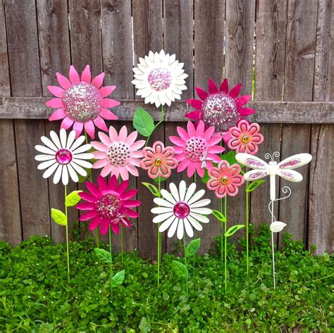 Garden Fun Metal Flower Garden Stakes Wdragonflies Pink And Etsy