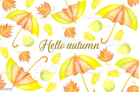 Golden Hello Autumn Text Decorated With Colorful Watercolor Leaves And