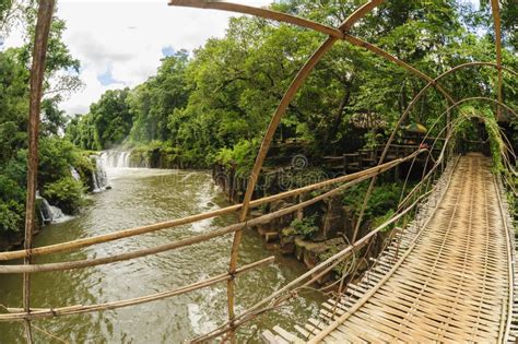 The Bamboo Rope Bridge In Tad Pha Souam Waterfall Laos Stock Image