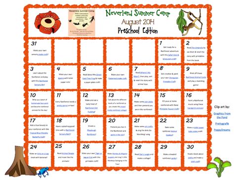 August Neverland Summer Camp Preschool And Kindergarten Calendar