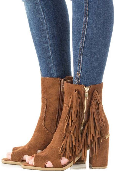 Tan Faux Suede Peep Toe Bootie With Fringe Detail Peep Toe Bootie Women Shoes Online Faux Suede