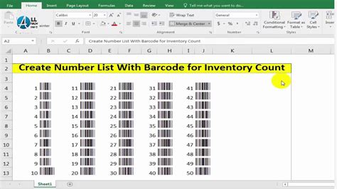 create number list with barcode in ms excel for inventory count - YouTube