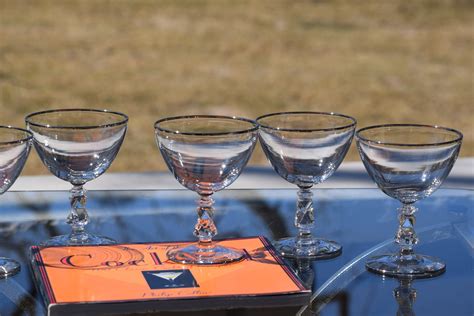 6 vintage platinum rim crystal cocktail ~ martini glasses bryce circa 1960 elegant crystal