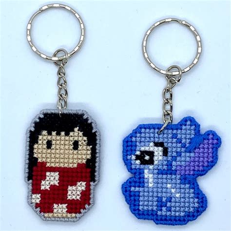 Cross Stitched Lilo And Stitch Character Keyring Keychain Etsy