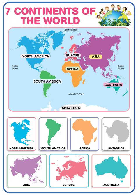 7 Continents Of The V2 World Educational Chart A4 Size Poster