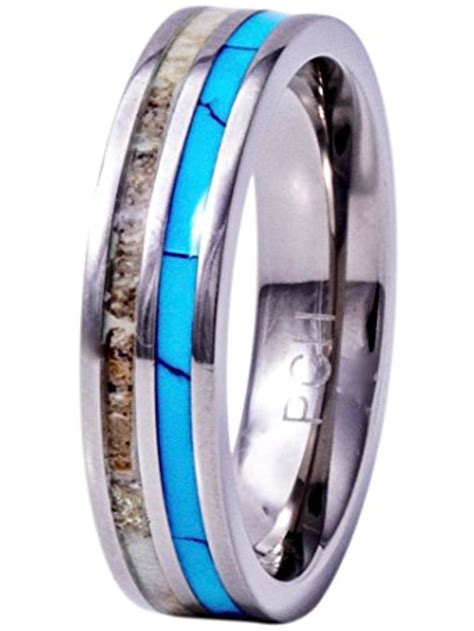 Mens Wedding Bands Stone Inlay Ring Band Turquoise Antler Deer Rings