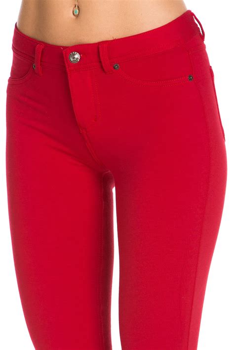 Poplooks Womens Casual Mid Rise Stretch Skinny Knit Jegging Pants Red