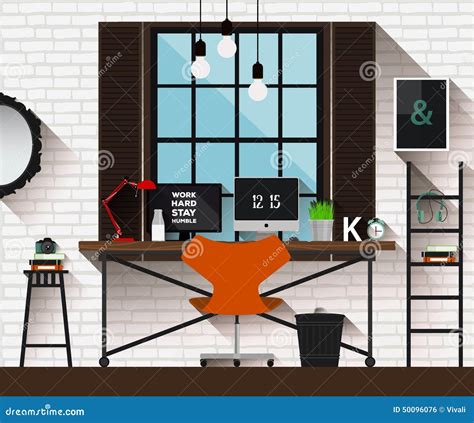 Vector Flat Illustration Workplace In Loft Interior Desk Concept
