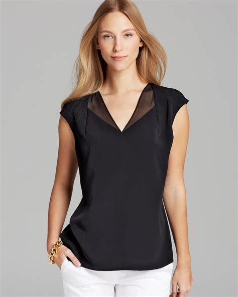 Calvin Klein Sleeveless V Neck Top With Chiffon In Black Lyst