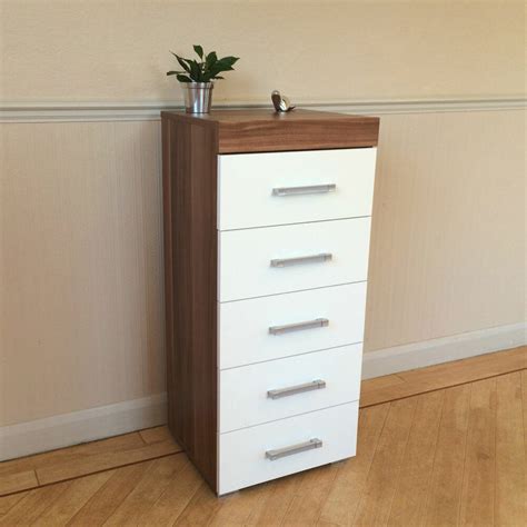 Corrigan studio nightstand modern fashion 4 thin long legs space station 2 tier cubic night stand storage bedside table with 2 drawer real natural paulownia wood white navy. White & Walnut Tall Boy Chest of 5 Drawers Bedroom ...