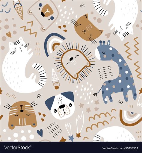 Seamless Childish Pattern With Cute Animals Vector Image