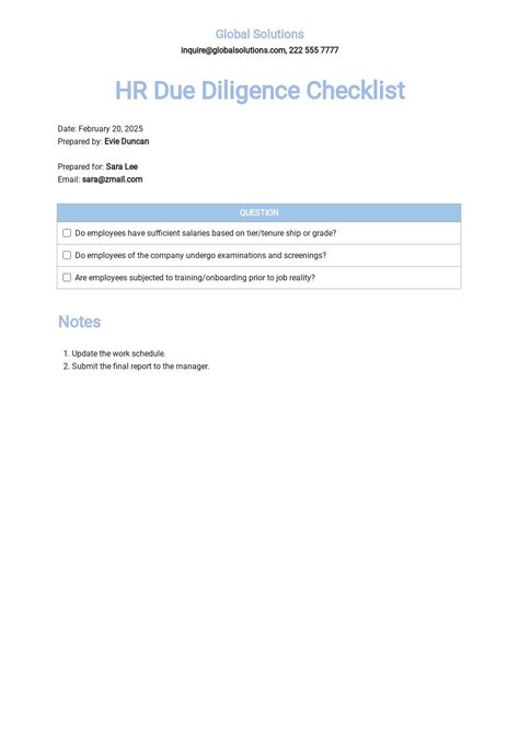 Hr Due Diligence Checklist Template Free Pdf Word Apple Pages
