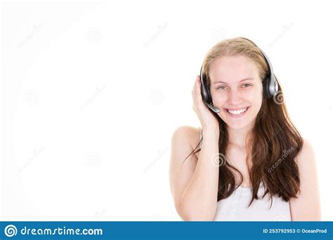 Callcenter Woman Customer Support Phone Operator In Headset Aside Copy Space On White Background