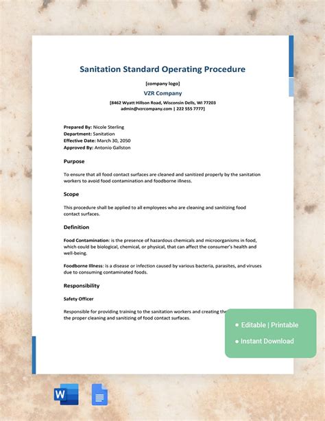 Sanitation Standard Operating Procedure Template