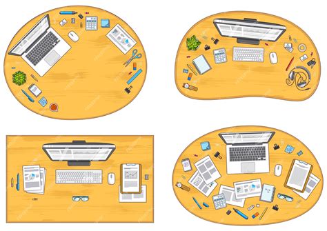 Premium Vector Work Desks Workspaces Top View With Pc Or Laptops And
