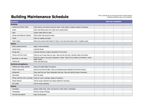 Building Maintenance Schedule Excel Template Building Maintenance
