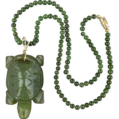Vintage Carved Jade Turtle Pendant On Jade Bead Necklace From