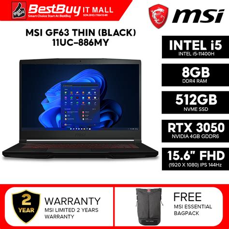 Msi Gf63 Thin 11uc 886my Gaming Laptop Intel I5 11400h Rtx3050 4gb
