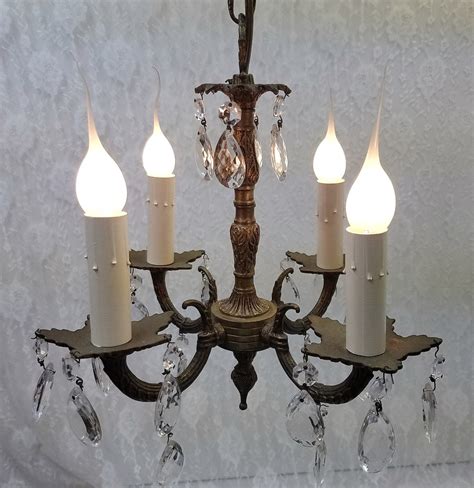 1950s Petite Brass Crystal Spanish Chandelier Small Four Light Etsy