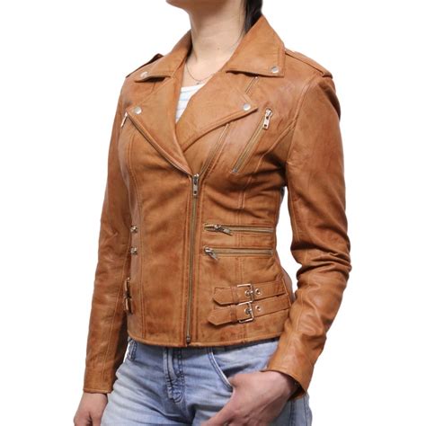 Women Tan Leather Biker Jacket Moss