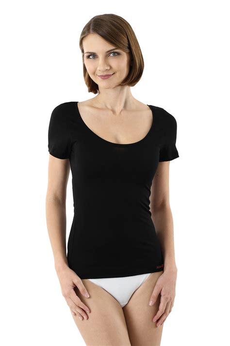 Women S Undershirt Merino Wool Short Sleeves Deep Scoop Neck Black